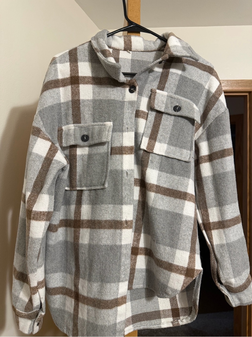 Plaid Button-Front Shacket in Gray and Brown